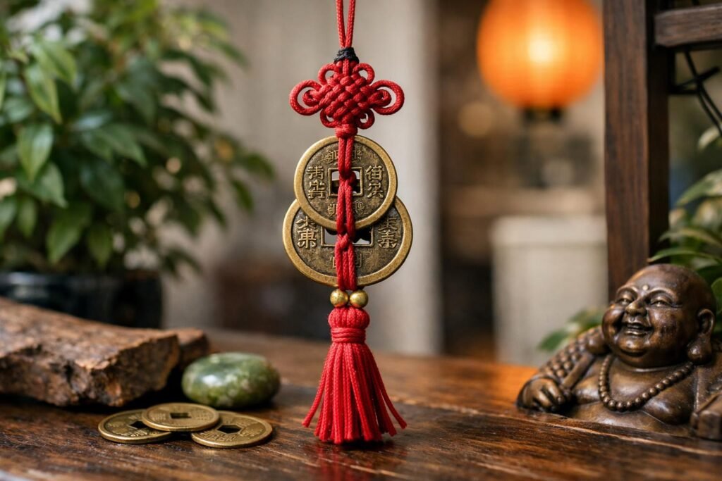 Szerencsehozó kínai érmék piros zsinórral és bojttal