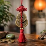 Szerencsehozó kínai érmék piros zsinórral és bojttal