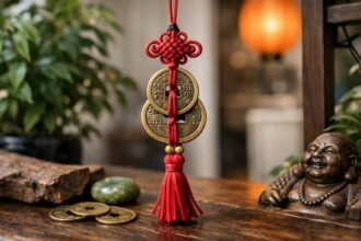 Szerencsehozó kínai érmék piros zsinórral és bojttal