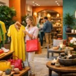 Nő vásárlás közben egy üzletben, sárga ruhát választva.