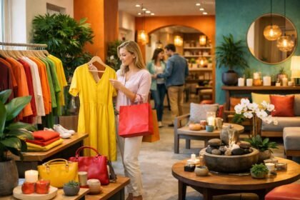 Nő vásárlás közben egy üzletben, sárga ruhát választva.