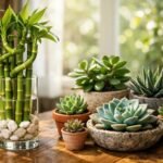 Zöld bambusz és pozsgások egy fából készült asztalon.