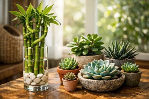 Zöld bambusz és pozsgások egy fából készült asztalon.