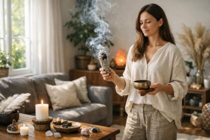 Feng shui tértisztítás folyamat közben, nő füstölőt és tálat tartva.