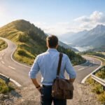 Férfi, aki keresi az új utakat a hegyek között