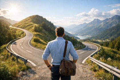 Férfi, aki keresi az új utakat a hegyek között