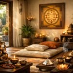 Védikus stílusú otthoni tér meditációs kellékekkel és növényekkel