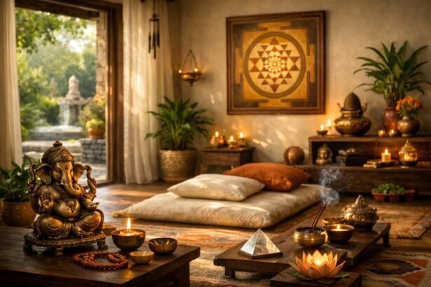 Védikus stílusú otthoni tér meditációs kellékekkel és növényekkel