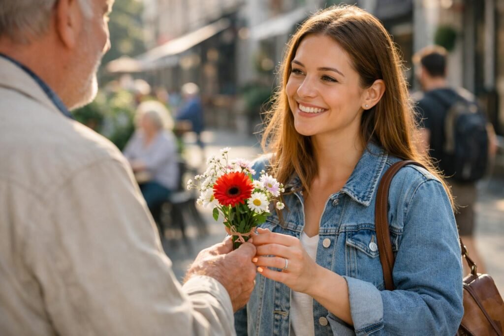 Egy nő virágot ad át egy idős férfinak egy városi környezetben.