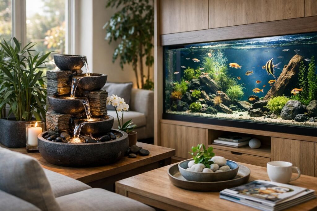 Csobogó és akvárium a modern nappaliban, zöld növényekkel.