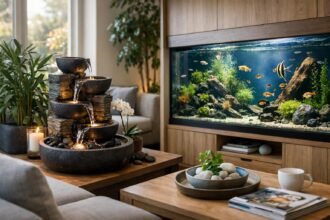 Csobogó és akvárium a modern nappaliban, zöld növényekkel.