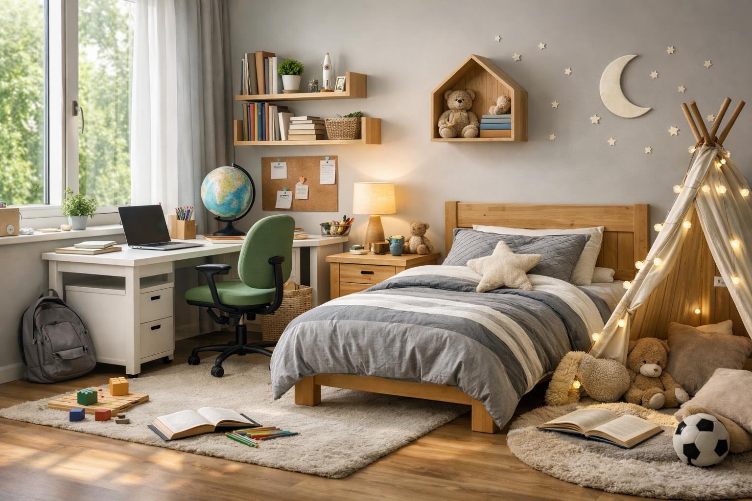 Gyerekek számára berendezett szoba tanuláshoz és pihenéshez.