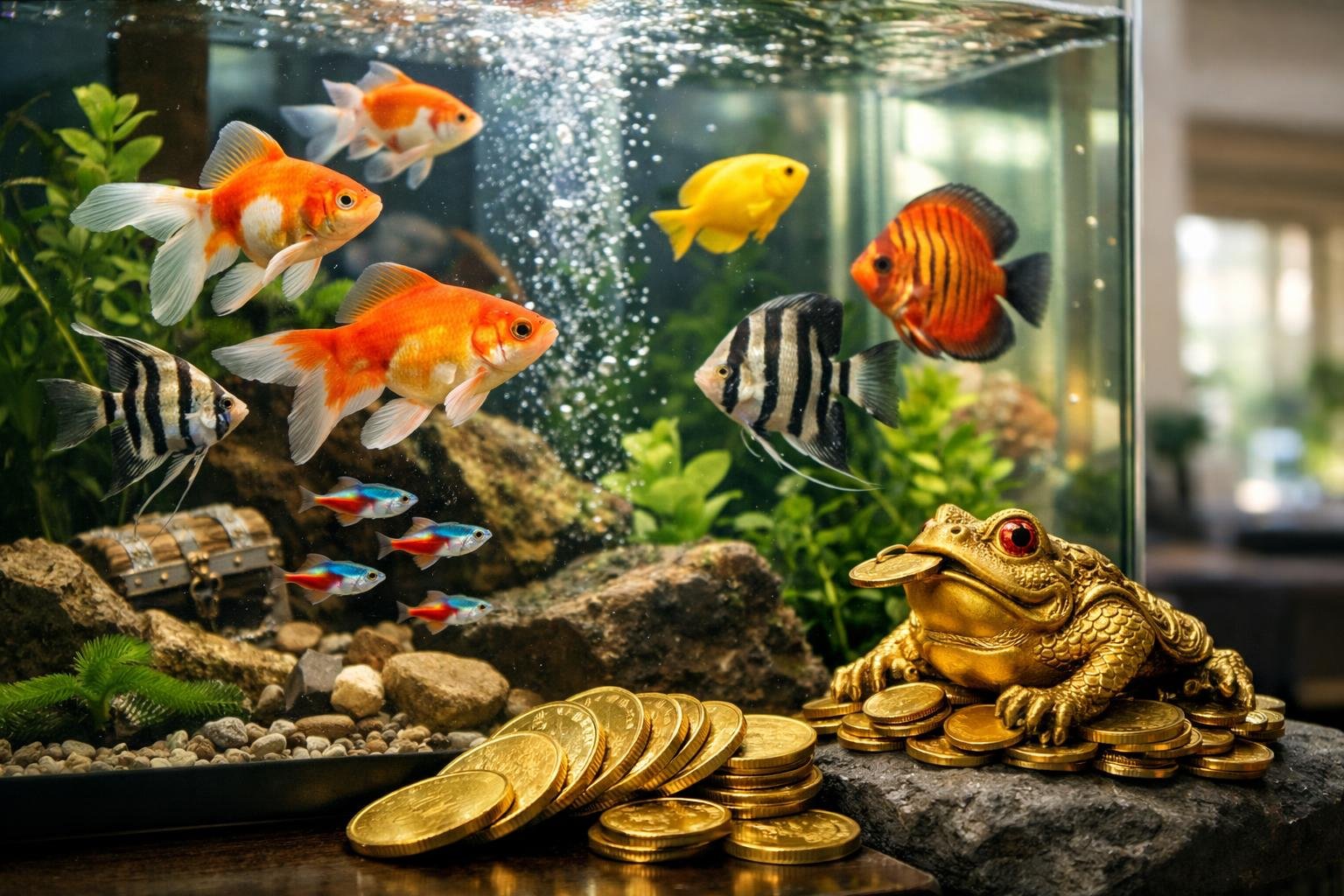 Akvárium halakkal és arany pénzérmékkel a bőségért