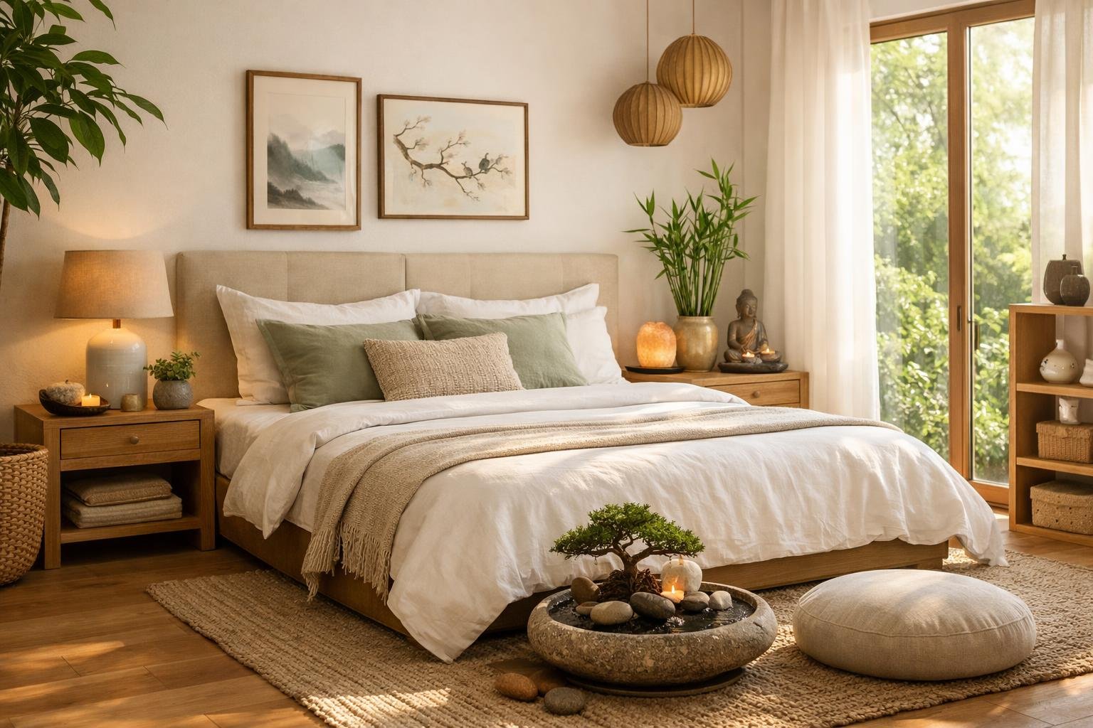 Harmonikus és pihentető hálószoba feng shui elemekkel.
