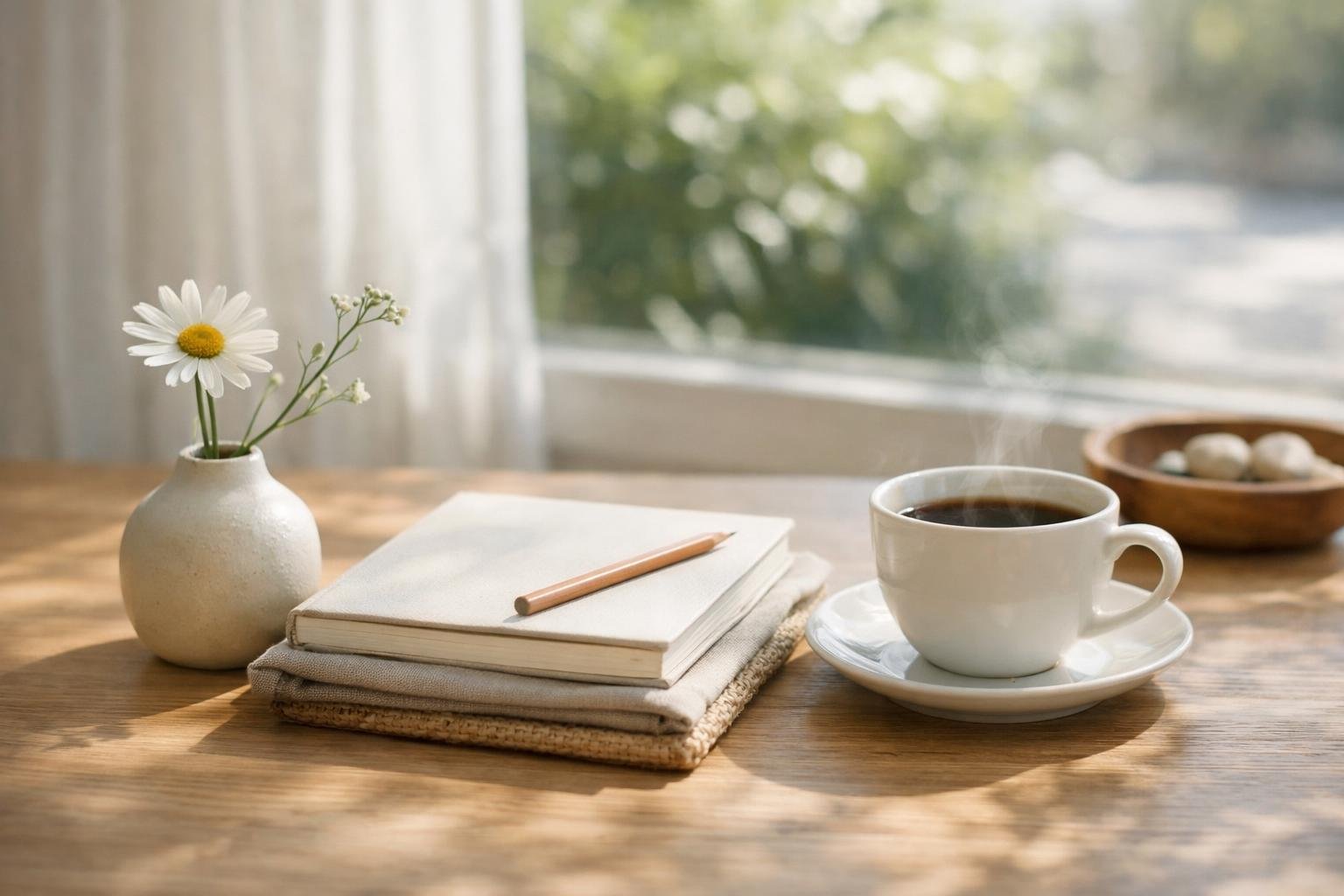 Egyszerű otthoni dekoráció virággal és kávéval.