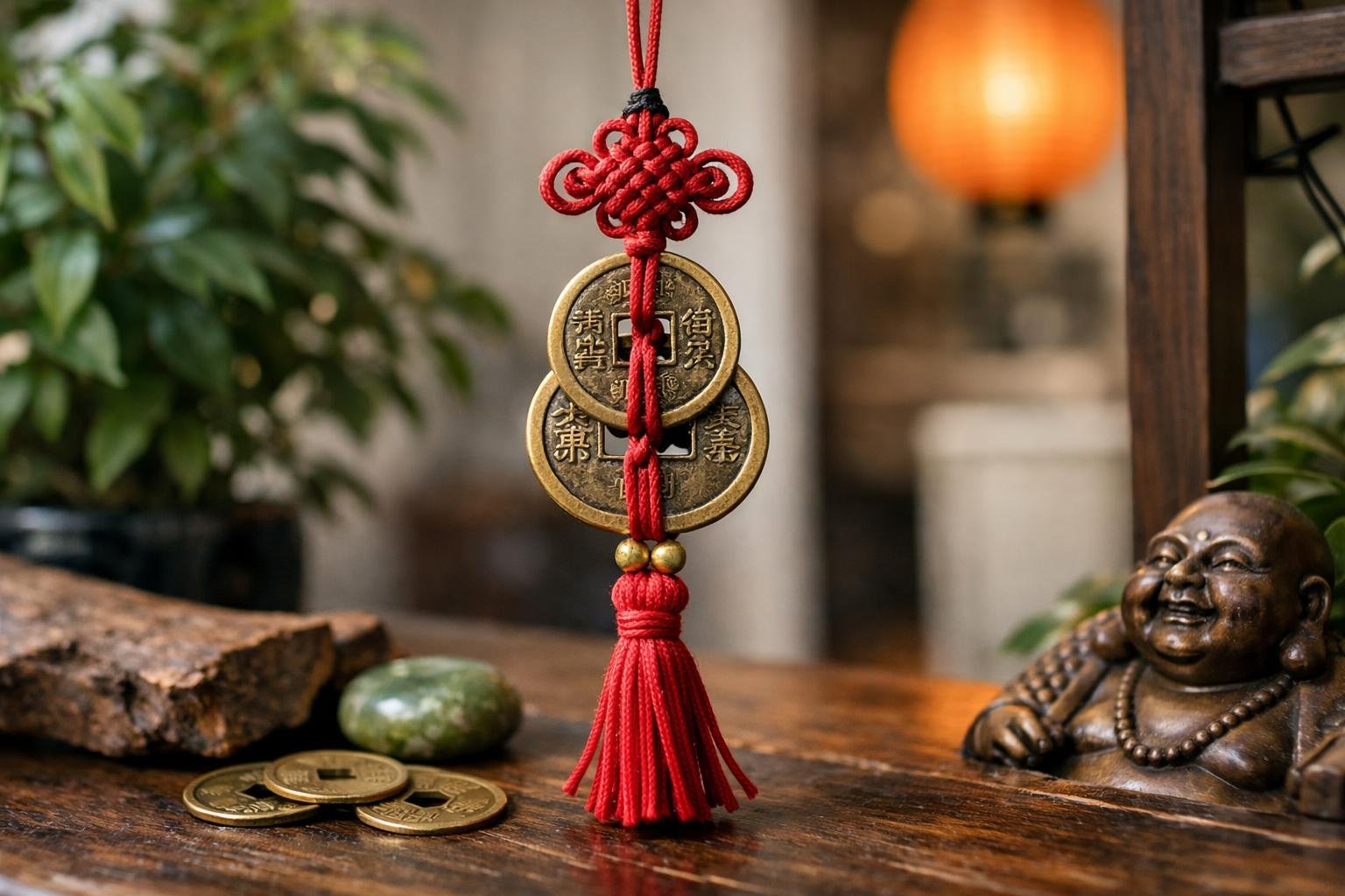 Szerencsehozó kínai érmék piros zsinórral és bojttal