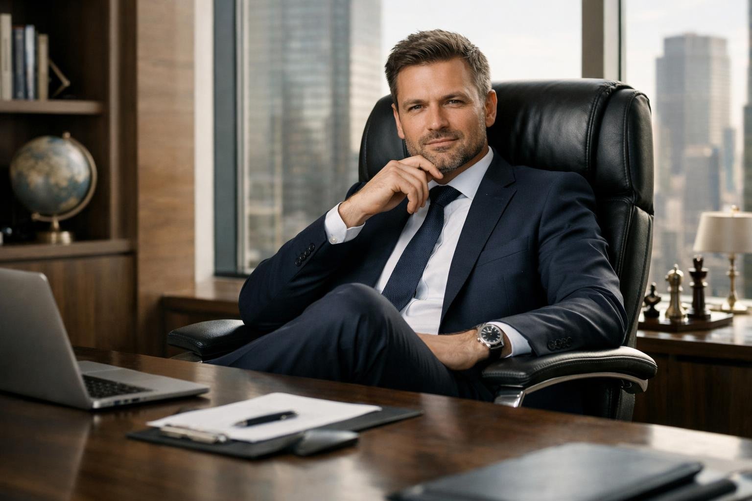 Férfi a főnöki székben, vezetői pozícióban, magabiztos arccal.