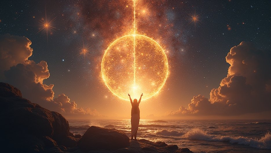 Egy figura, aki az energiát szimbolizáló fénygömböt emel az égen.