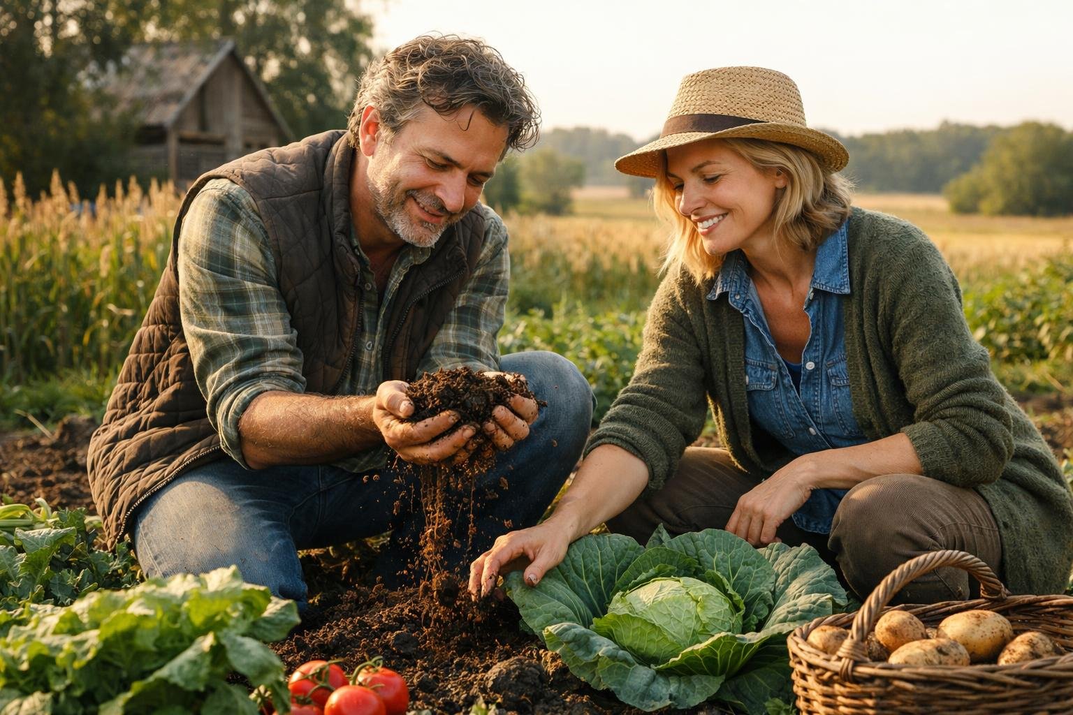 Két ember a kertben, a talajt és a növényeket vizsgálva a gazdagság érdekében.