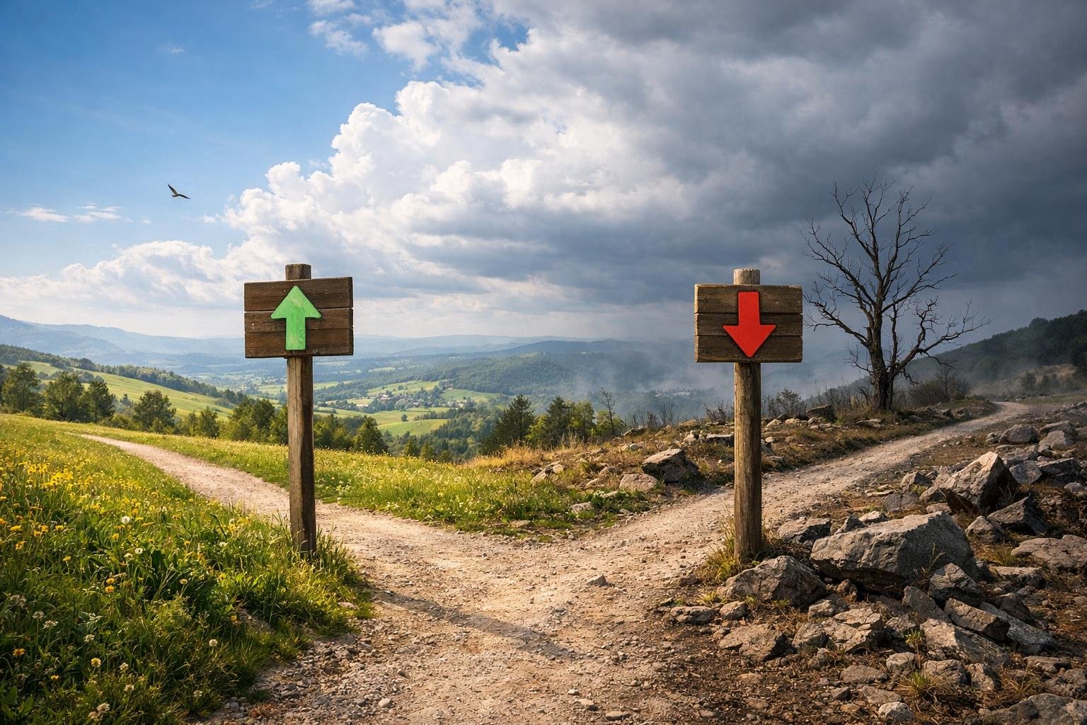 Kedvező és kedvezőtlen irányokat jelző táblák a természetben