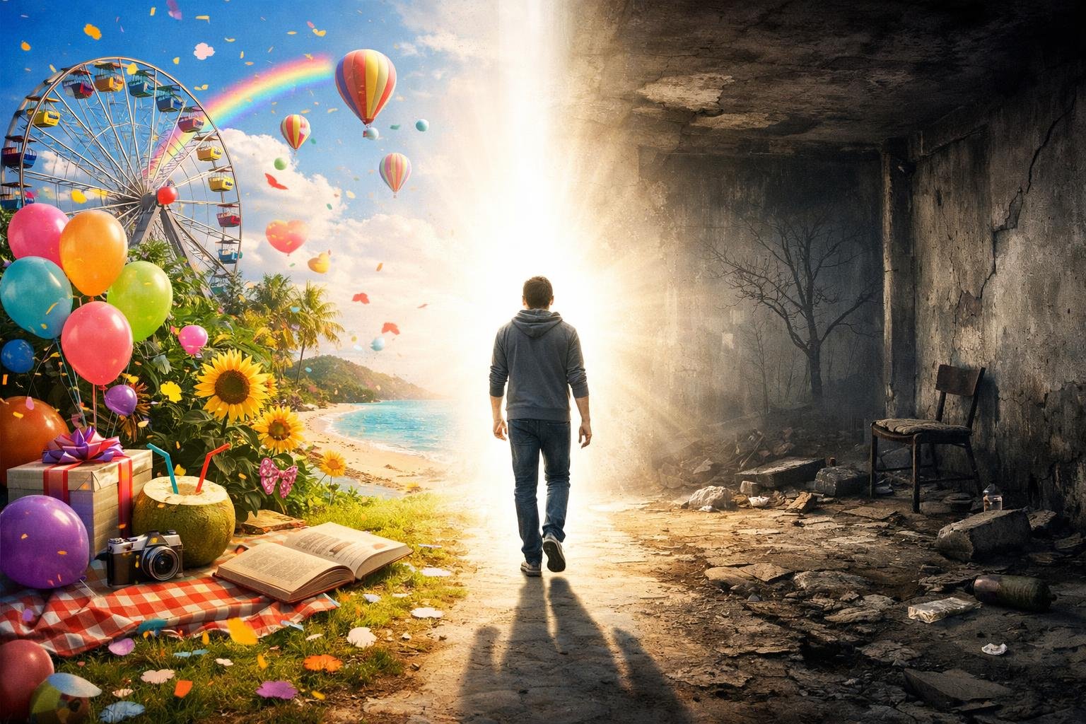 Ember a fény felé tart, bal oldalon élénk környezet, jobb oldalon romos helyiség.