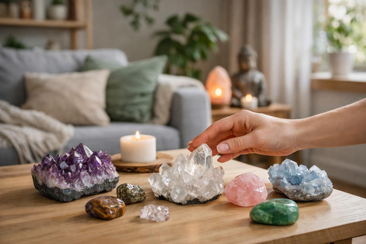 Feng shui kristályok elrendezése otthon, hegyikristály, ametiszt és rózsakvarc.