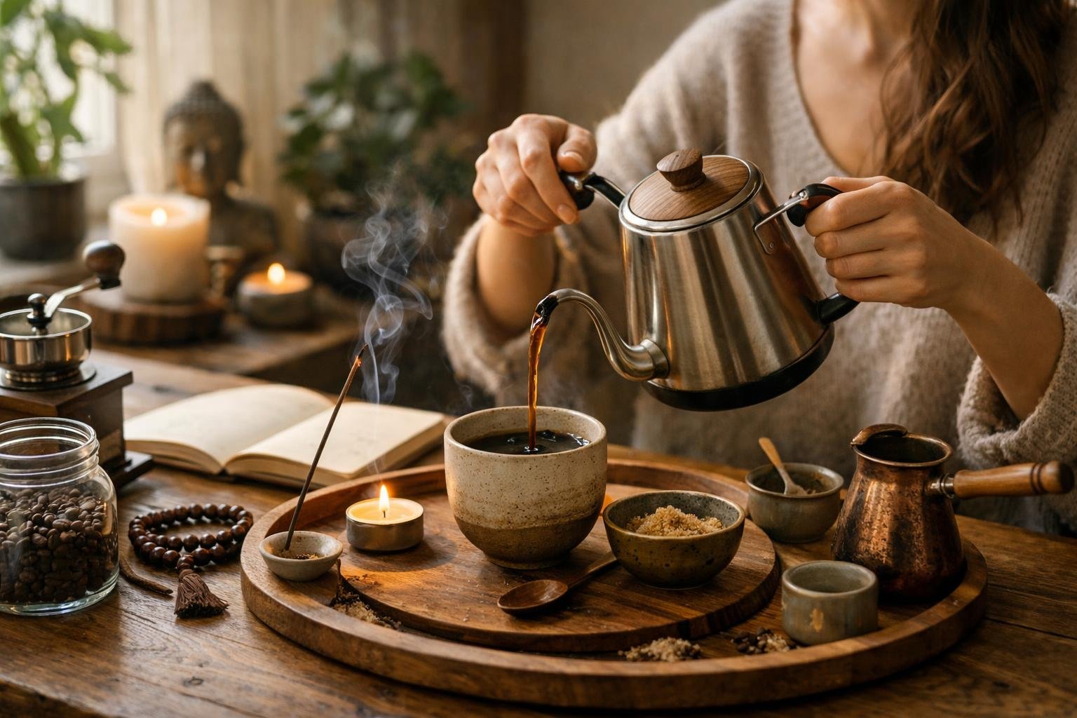 Kávé készítése meditatív környezetben szertartásos formában.