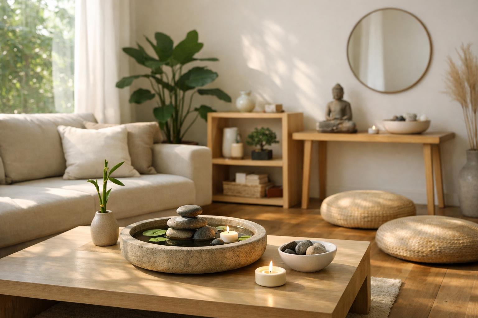 Minimalista nappali feng shui elemekkel és békés hangulattal.