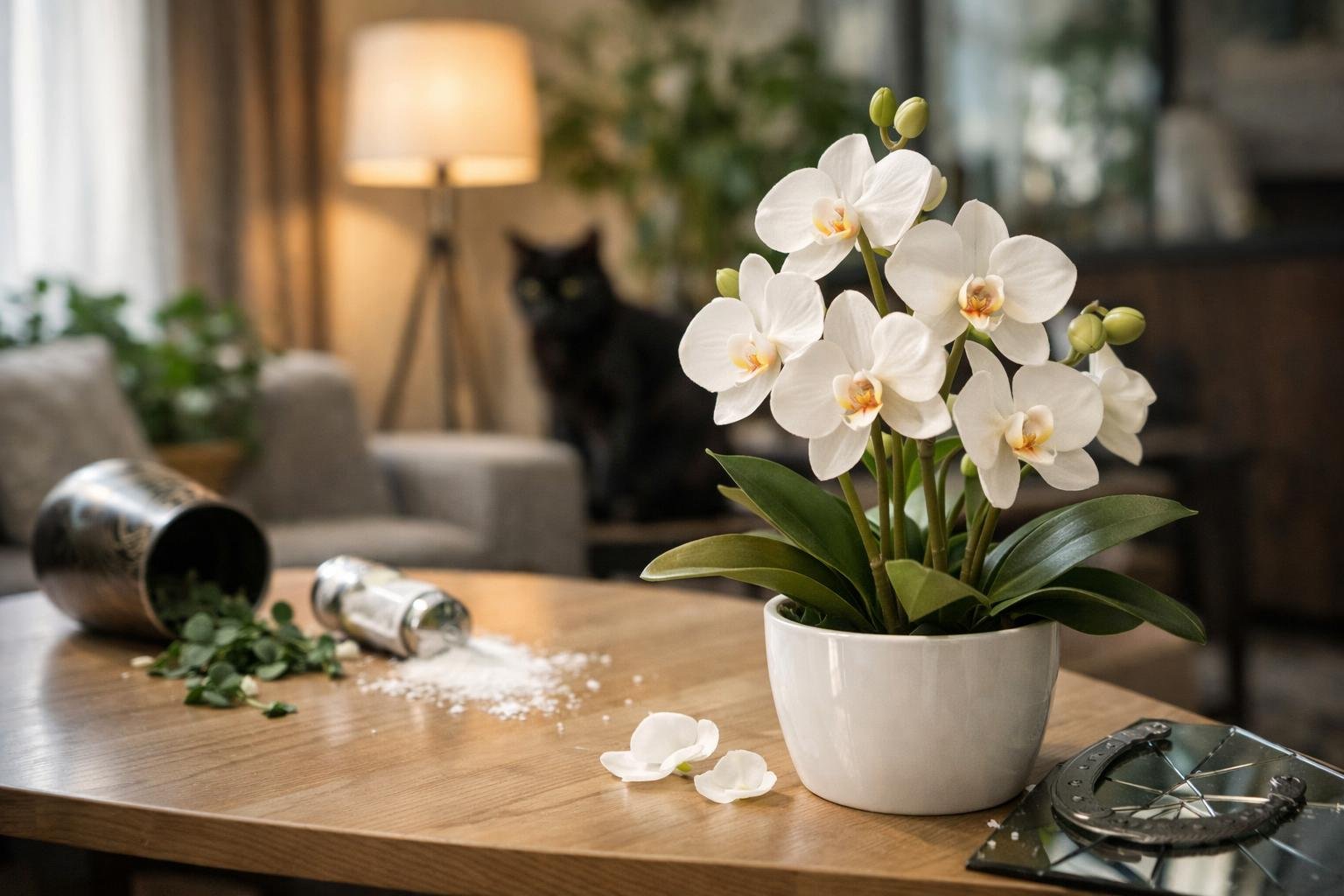 Fehér orchidea művirággal díszített otthoni asztal