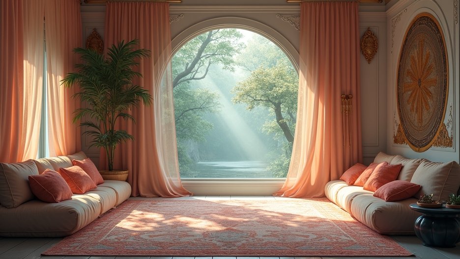 Belső tér lágy színekkel és növényekkel a női energia növelésére.