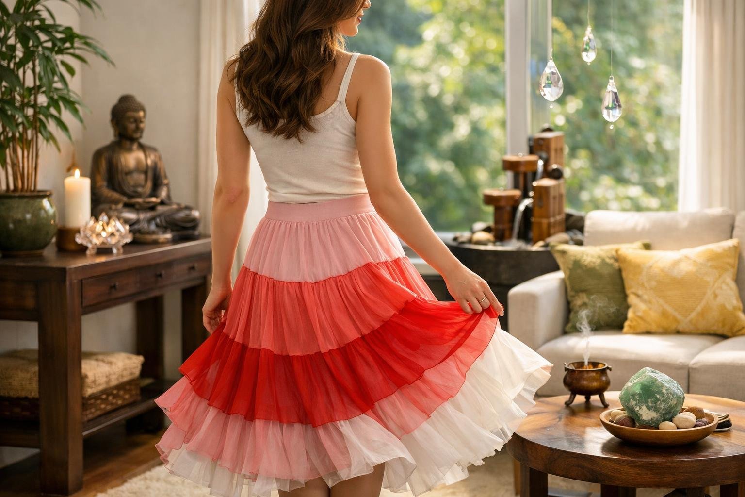 Színes rétegelt szoknya viselése Feng Shui inspirációval.