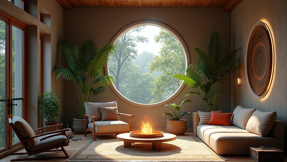 Harmonikus, természetes anyagokkal berendezett lakótér növényekkel és világítással.