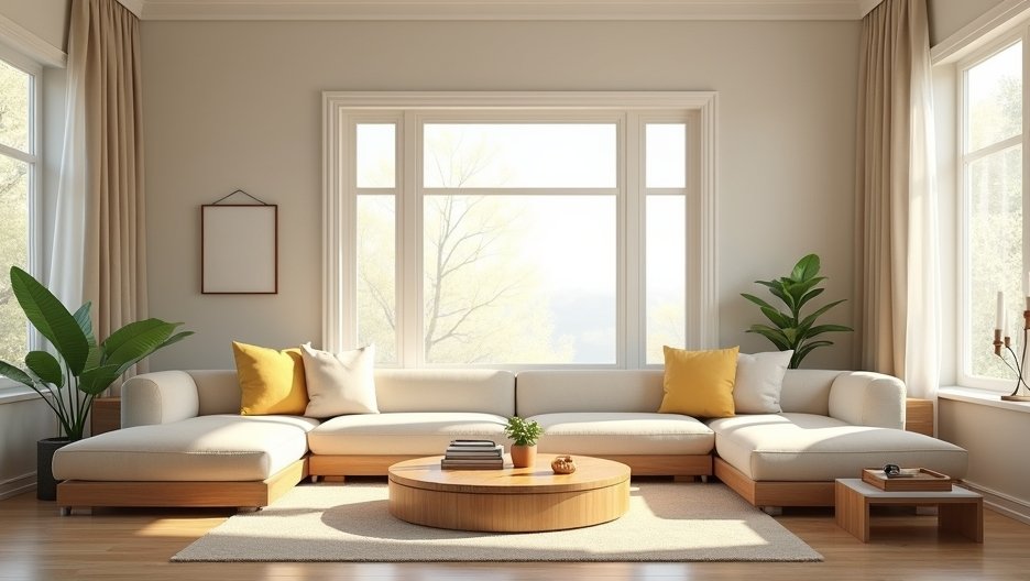 Feng shui inspirált nappali, napfényes, harmonikus designnal