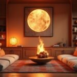 Meleg otthoni környezet, tűz elem és kényelmes bútorok.