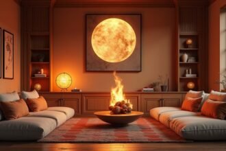 Meleg otthoni környezet, tűz elem és kényelmes bútorok.