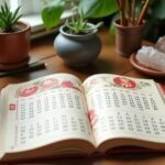 Tong Shu kínai naptár, asztrológiai ajánlásokkal és növényekkel.