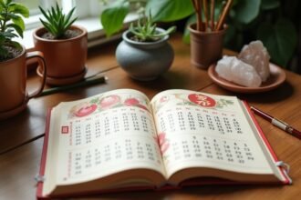 Tong Shu kínai naptár, asztrológiai ajánlásokkal és növényekkel.