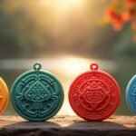 Színes talizmánok és amulettek védő szimbólumokkal a természet közelében.