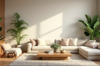 Feng shui inspirált nappali növényekkel és világos árnyalatokkal.