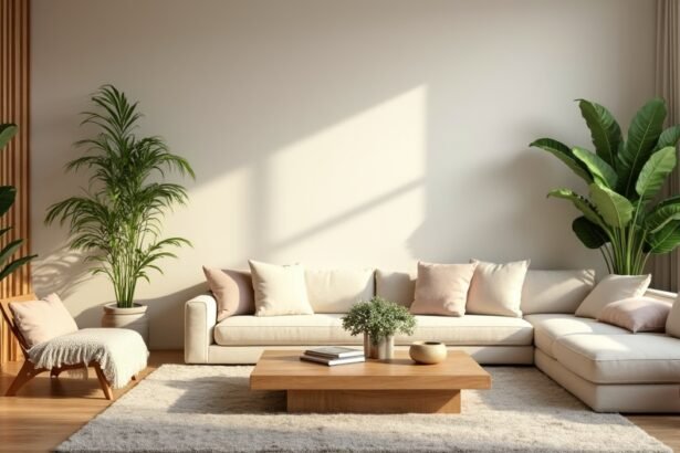 Feng shui inspirált nappali növényekkel és világos árnyalatokkal.