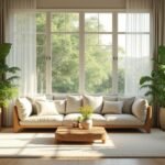 Modern nappali sok zöld növénnyel és világos berendezéssel.