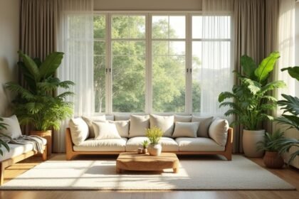 Modern nappali sok zöld növénnyel és világos berendezéssel.