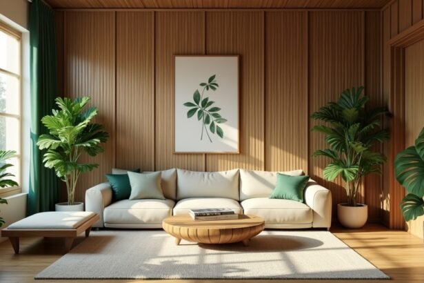 Modern lakberendezés fa elemekkel és növényekkel