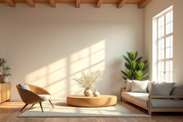 Világos és harmonikus nappali eleganciával és természetes elemekkel.