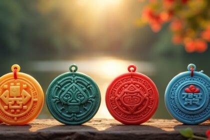 Színes talizmánok és amulettek védő szimbólumokkal a természet közelében.