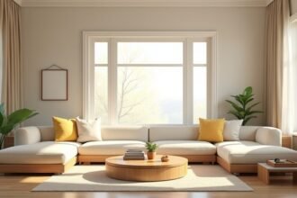 Feng shui inspirált nappali, napfényes, harmonikus designnal