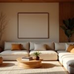 Modern, földszínekben berendezett nappali, természetes anyagokkal.