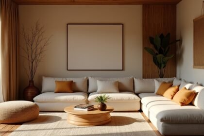 Modern, földszínekben berendezett nappali, természetes anyagokkal.