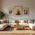 Modern nappali kényelmes kanapéval és faliképekkel.