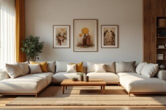 Modern nappali kényelmes kanapéval és faliképekkel.